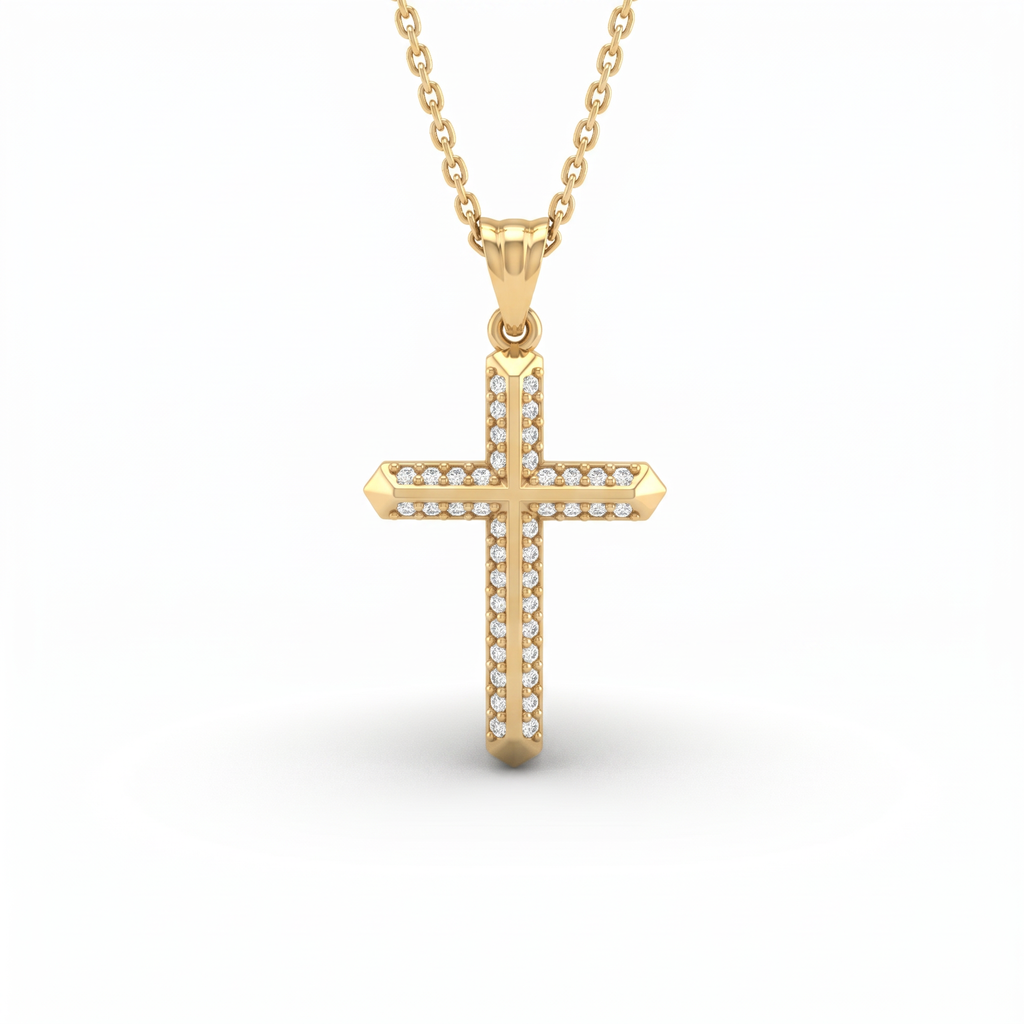Double row Lab-Grown Diamond cross pendant with faceted pointed tips in 14K yellow gold