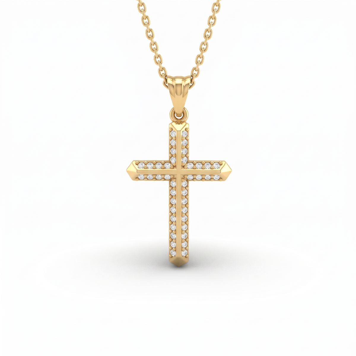 Double row Lab-Grown Diamond cross pendant with faceted pointed tips in 14K yellow gold