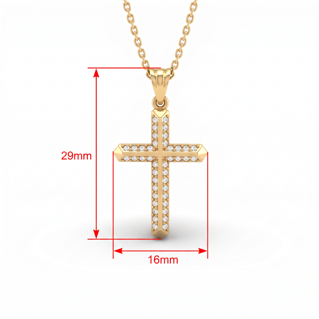 Double row Lab-Grown Diamond cross pendant size chart: 29mm tall with bail, 16mm wide