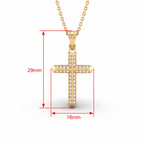 Double row Lab-Grown Diamond cross pendant size chart: 29mm tall with bail, 16mm wide