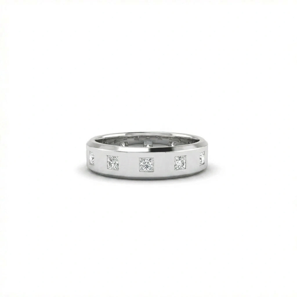 Draven Square Diamond Band in 14K white gold, front view showing 8 flush-set princess cut lab diamonds across 5.5mm beveled band