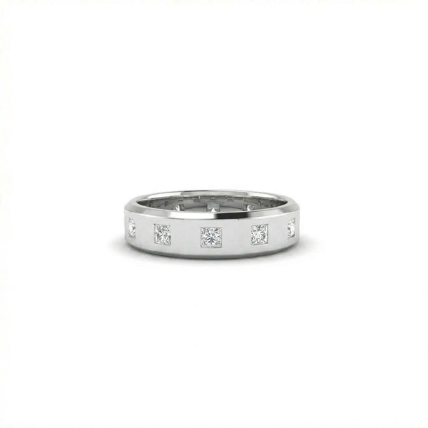 Draven Square Diamond Band in 14K white gold, front view showing 8 flush-set princess cut lab diamonds across 5.5mm beveled band