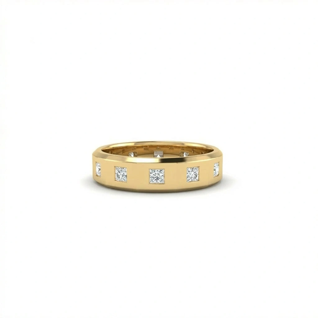 Draven Square Diamond Band in 14K yellow gold, front view showing 8 flush-set princess cut lab diamonds across 5.5mm beveled band