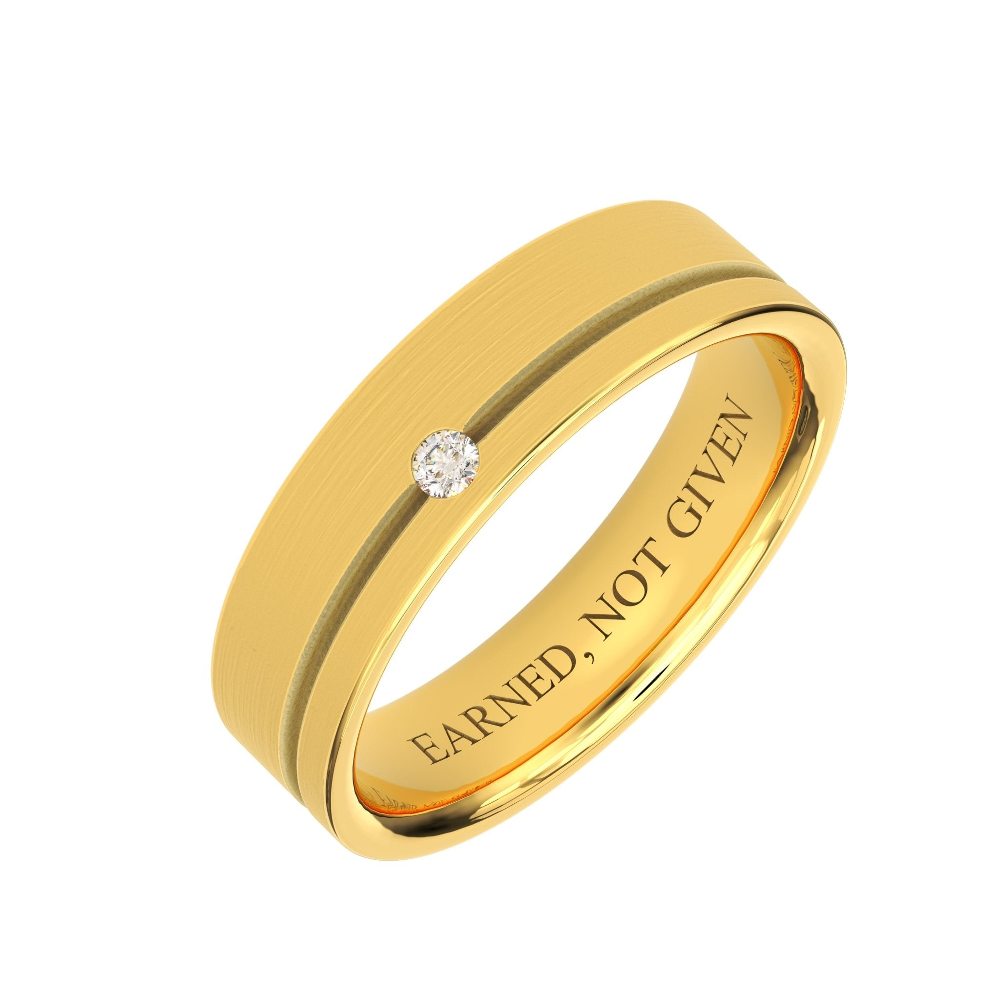 Angled view of men’s 14K gold diamond wedding band with brushed center, polished edges, and engraved interior message