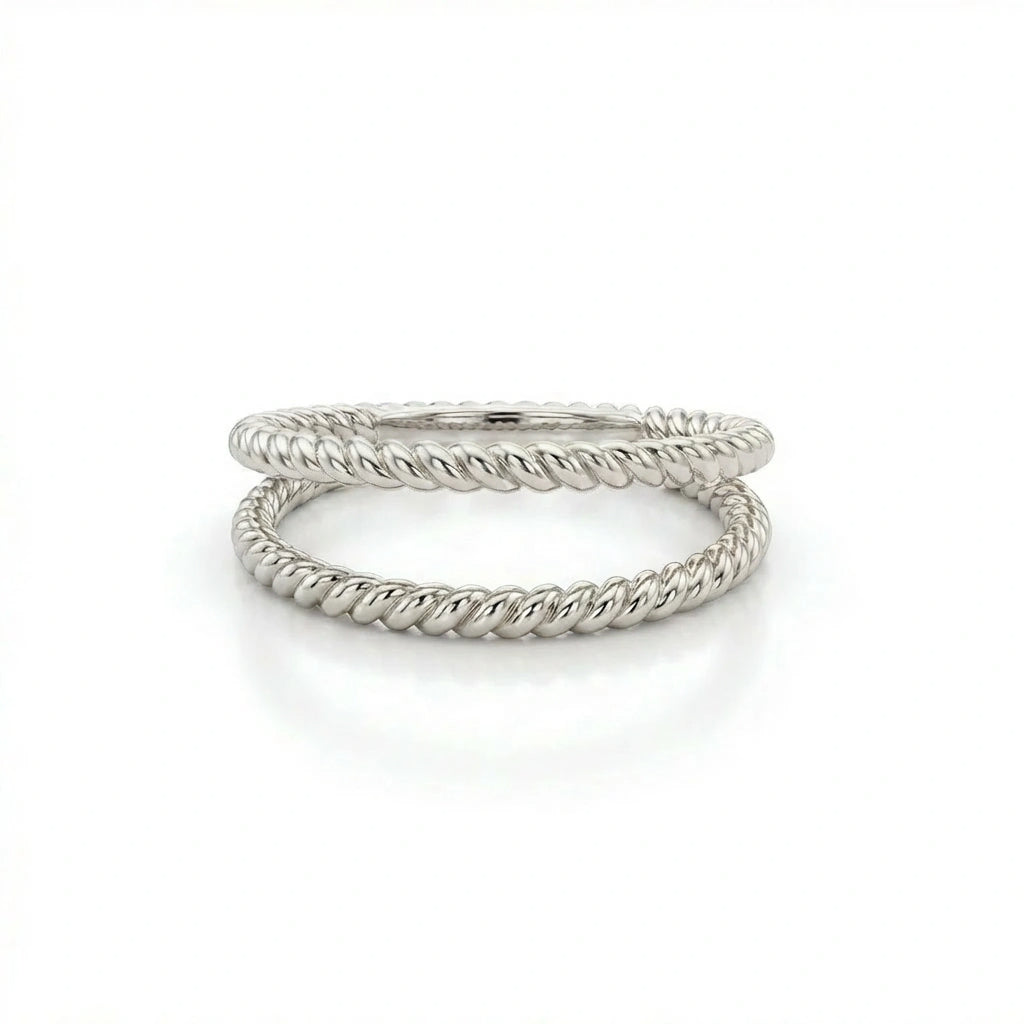Women’s twisted rope ring in 14K white gold with slim stackable design and polished finish