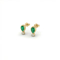 Elyra emerald drop stud earrings in solid yellow gold with pear cut emerald and bezel set diamond accent