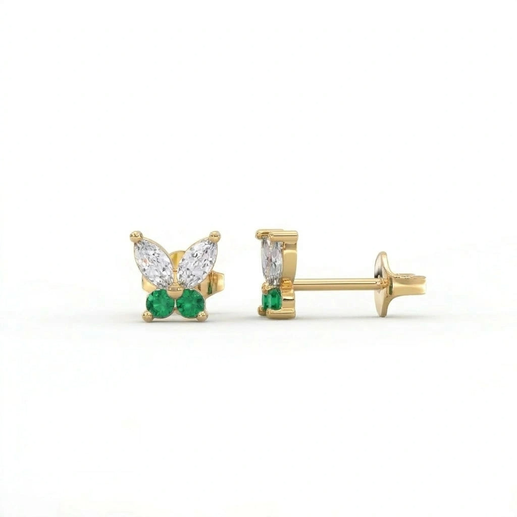 Pair of butterfly stud earrings with marquise diamonds and emerald gemstones in solid yellow gold, front and side profile view.