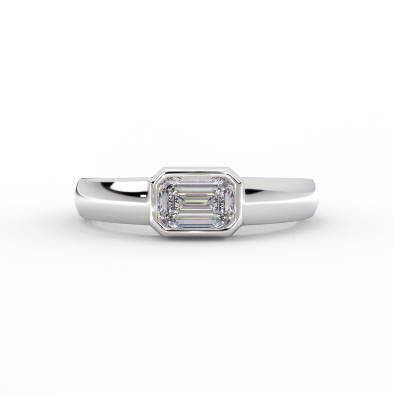 emerald cut bezel diamond ring in solid 14K white gold – front view