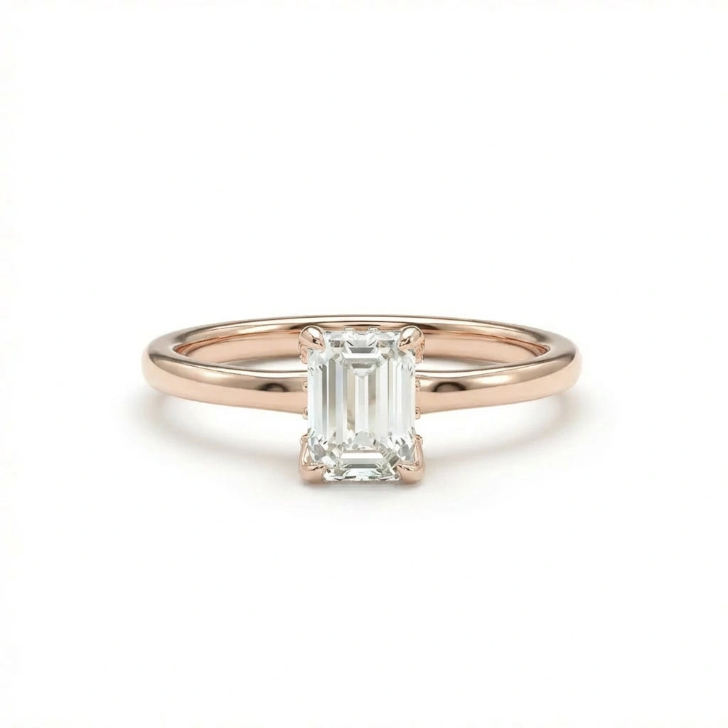 Emerald-cut diamond hidden halo engagement ring in 14K rose gold - classic timeless design with secret sparkle