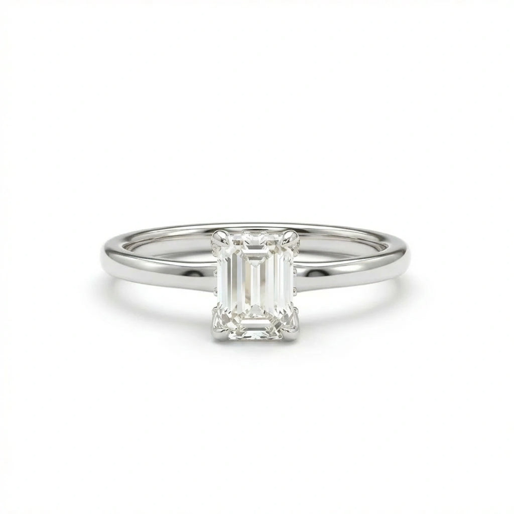 Emerald-cut diamond hidden halo engagement ring in 14K white gold - 12 diamonds beneath center stone