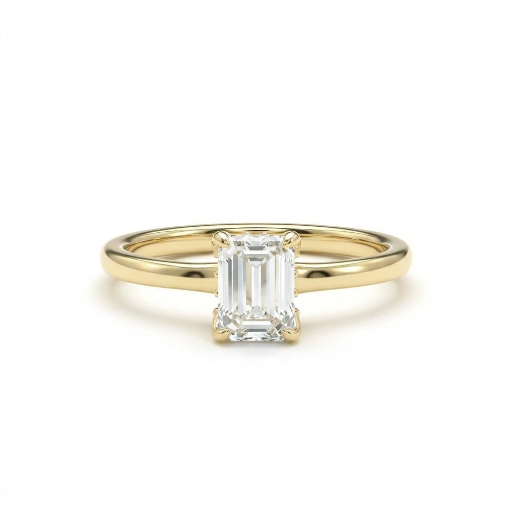 Emerald-cut diamond hidden halo engagement ring in 14K yellow gold - vintage-inspired with modern detail