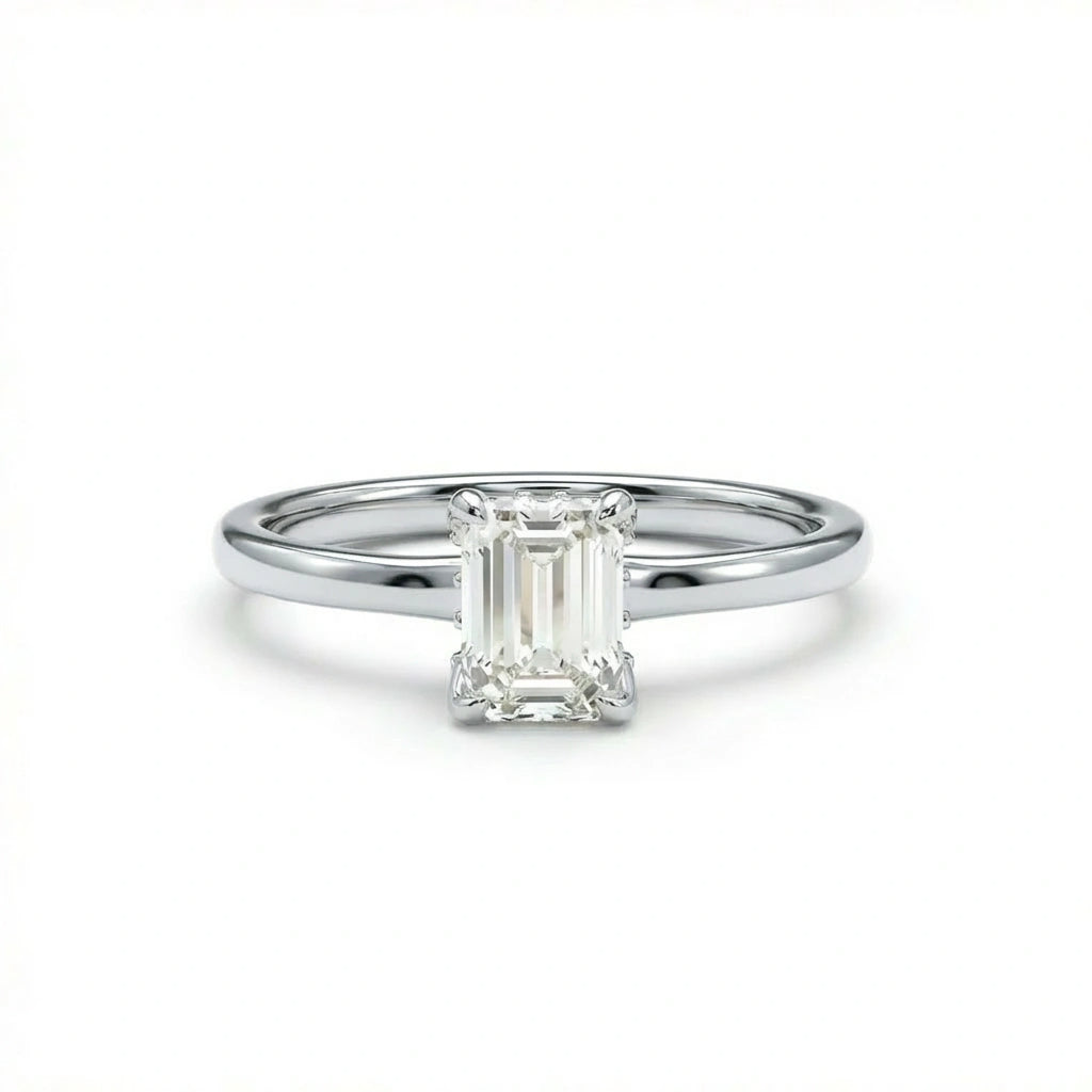 Emerald-cut diamond hidden halo engagement ring in platinum - 12 diamonds beneath center stone