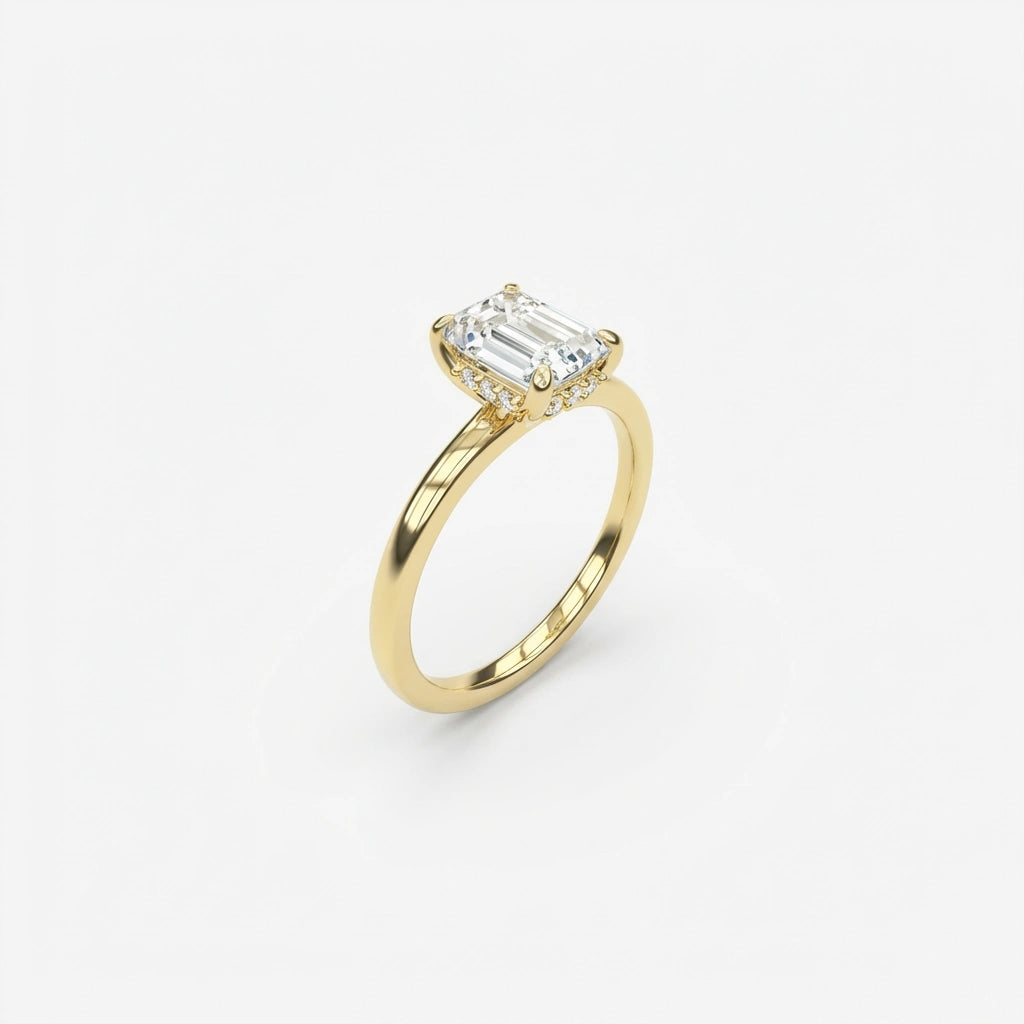 Emerald-cut diamond engagement ring with hidden halo and pavé band in 14K yellow gold - Art Deco style