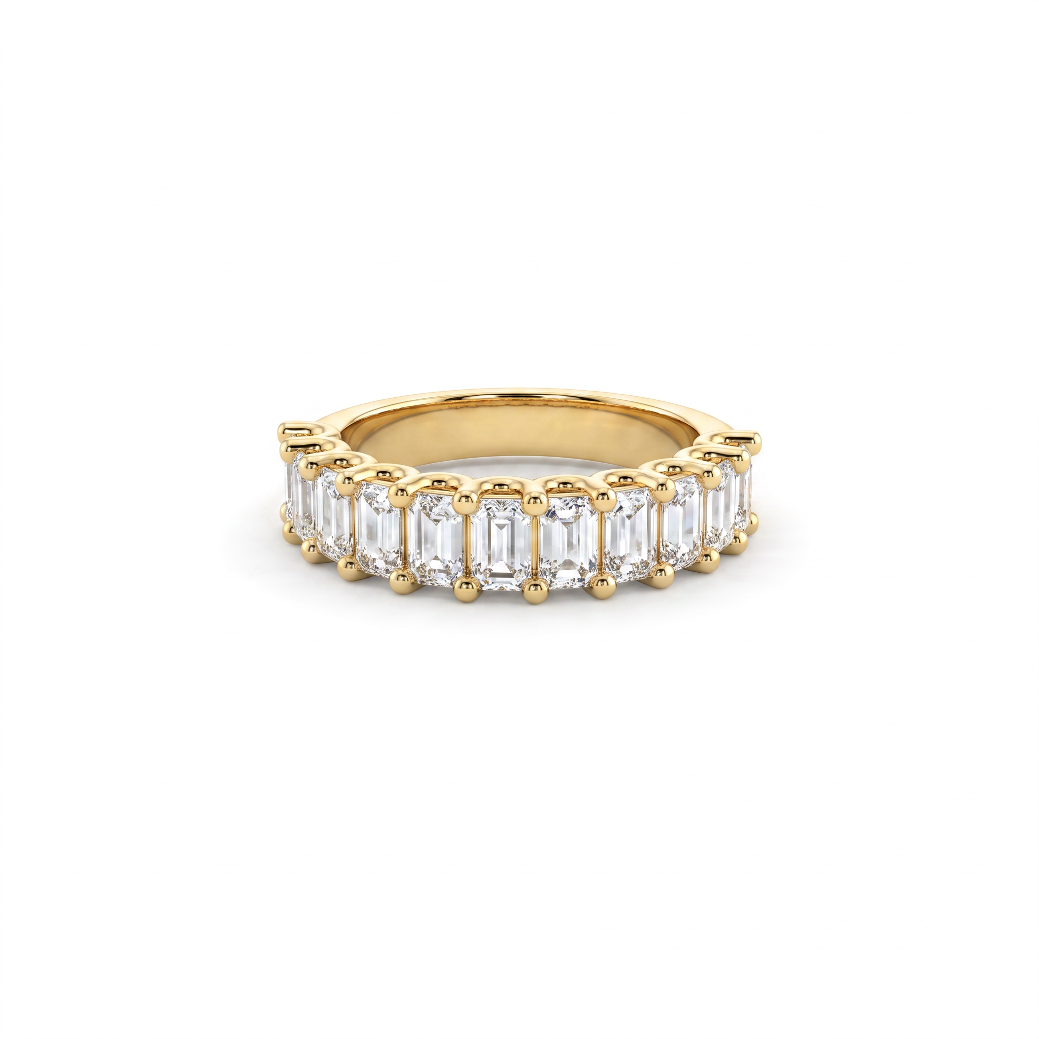 Emerald cut diamond wedding band in 14K yellow gold, 1.8ct with eleven 4x2.5mm shared-prong set Lab-Grown Diamonds on a 4mm band