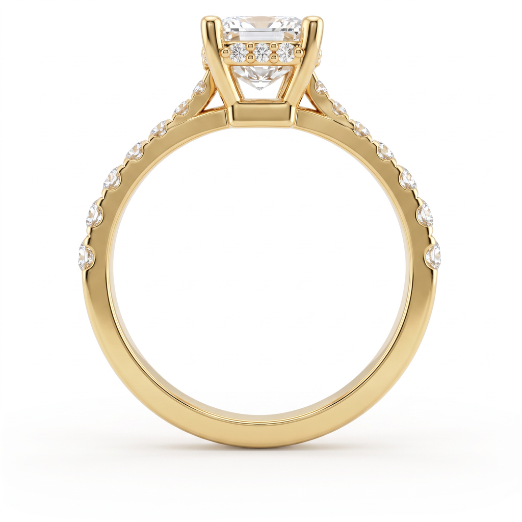 Profile view of a 14K yellow gold Emerald Cut Lab-Grown Diamond engagement ring showing the hidden halo and pavé band