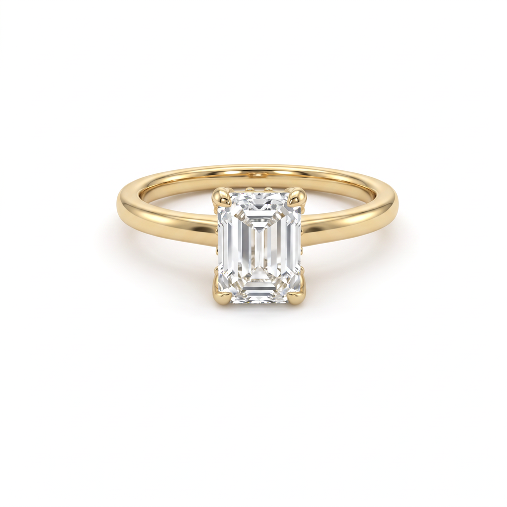 Emerald cut hidden halo engagement ring with 1ct Lab-Grown Diamond in 14K yellow gold, front view