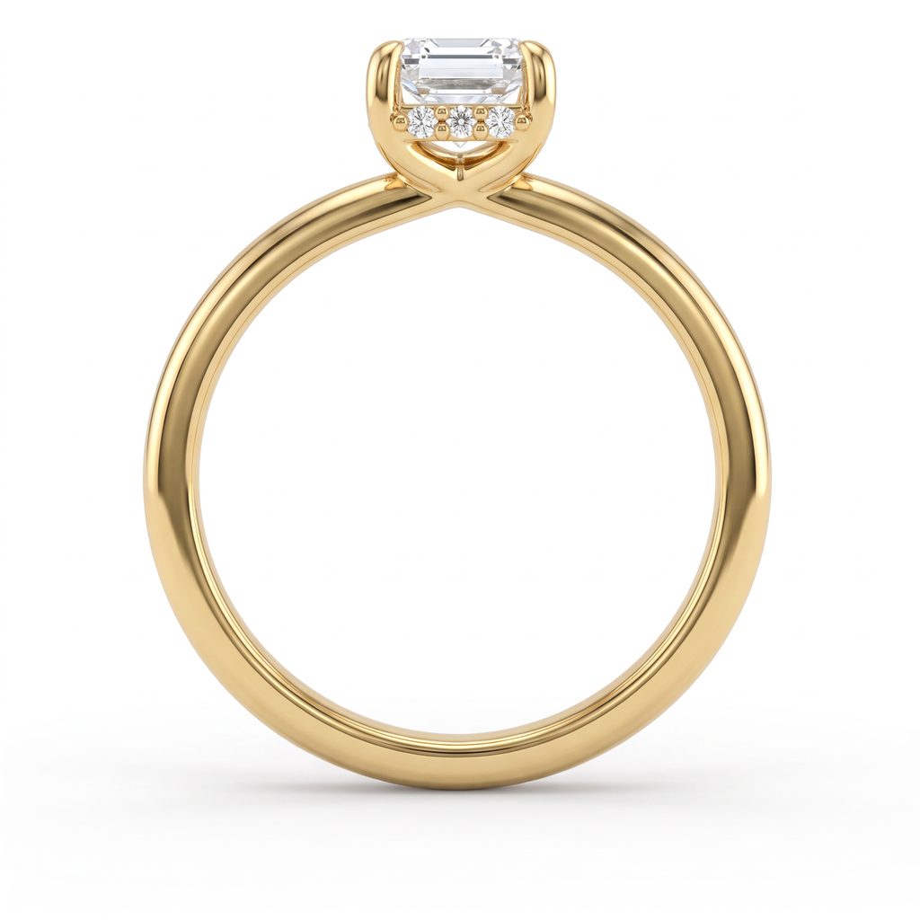 Gallery view of emerald cut hidden halo engagement ring in 14K yellow gold showing the hidden halo pave in the basket