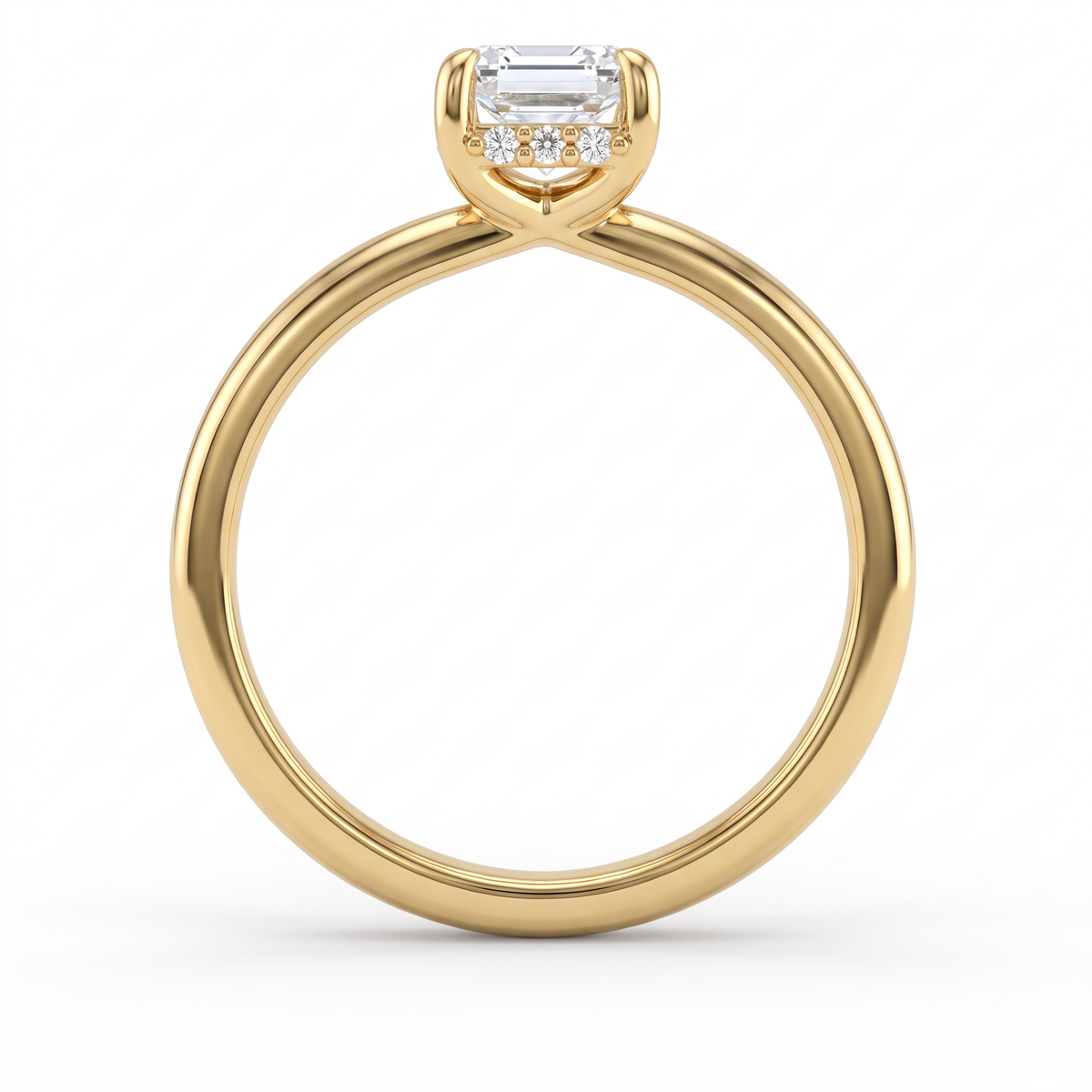 Gallery view of emerald cut hidden halo engagement ring in 14K yellow gold showing the hidden halo pave in the basket