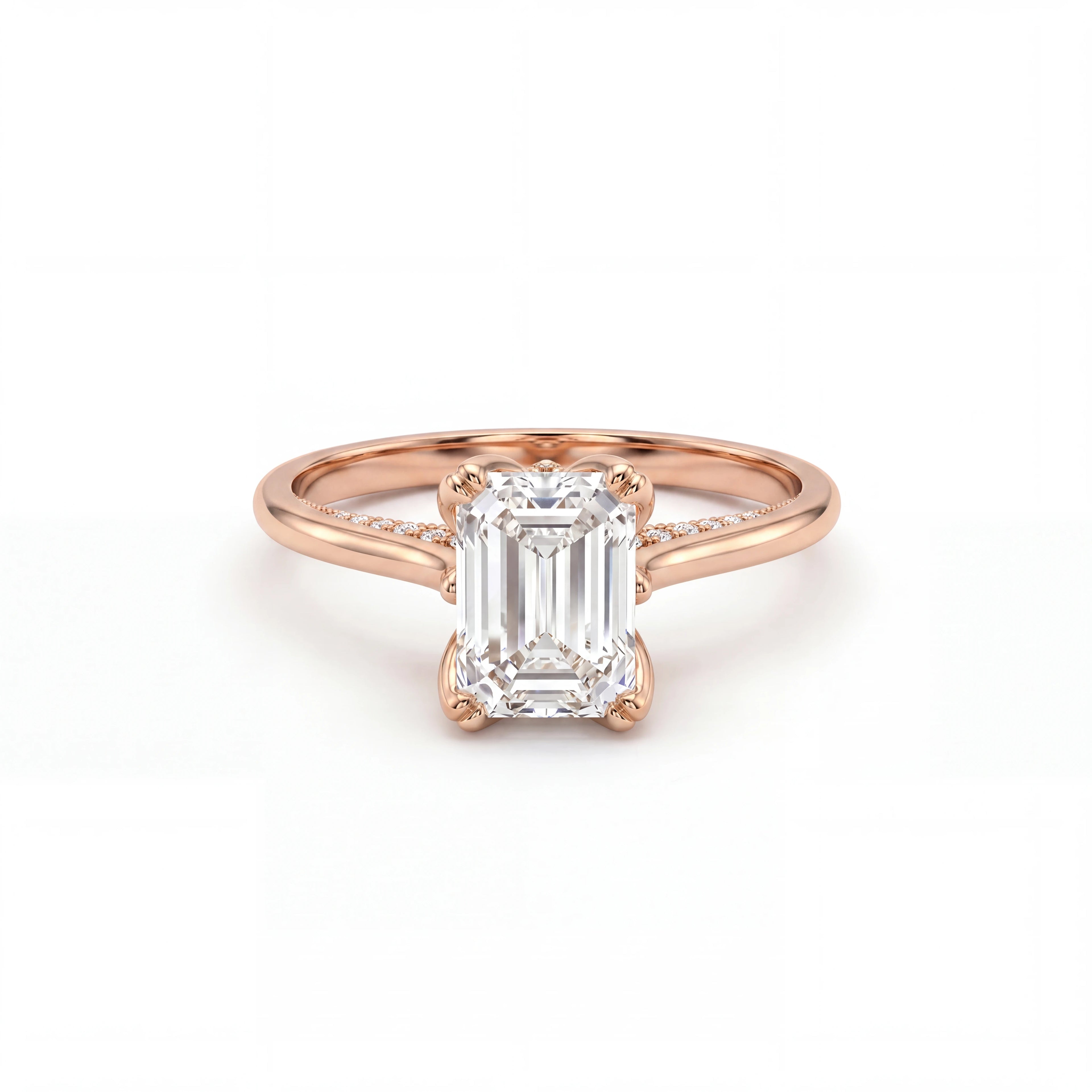 Emerald cut lotus prong milgrain Lab-Grown Diamond engagement ring in 14K rose gold, front view — Black Pearl of Queens
