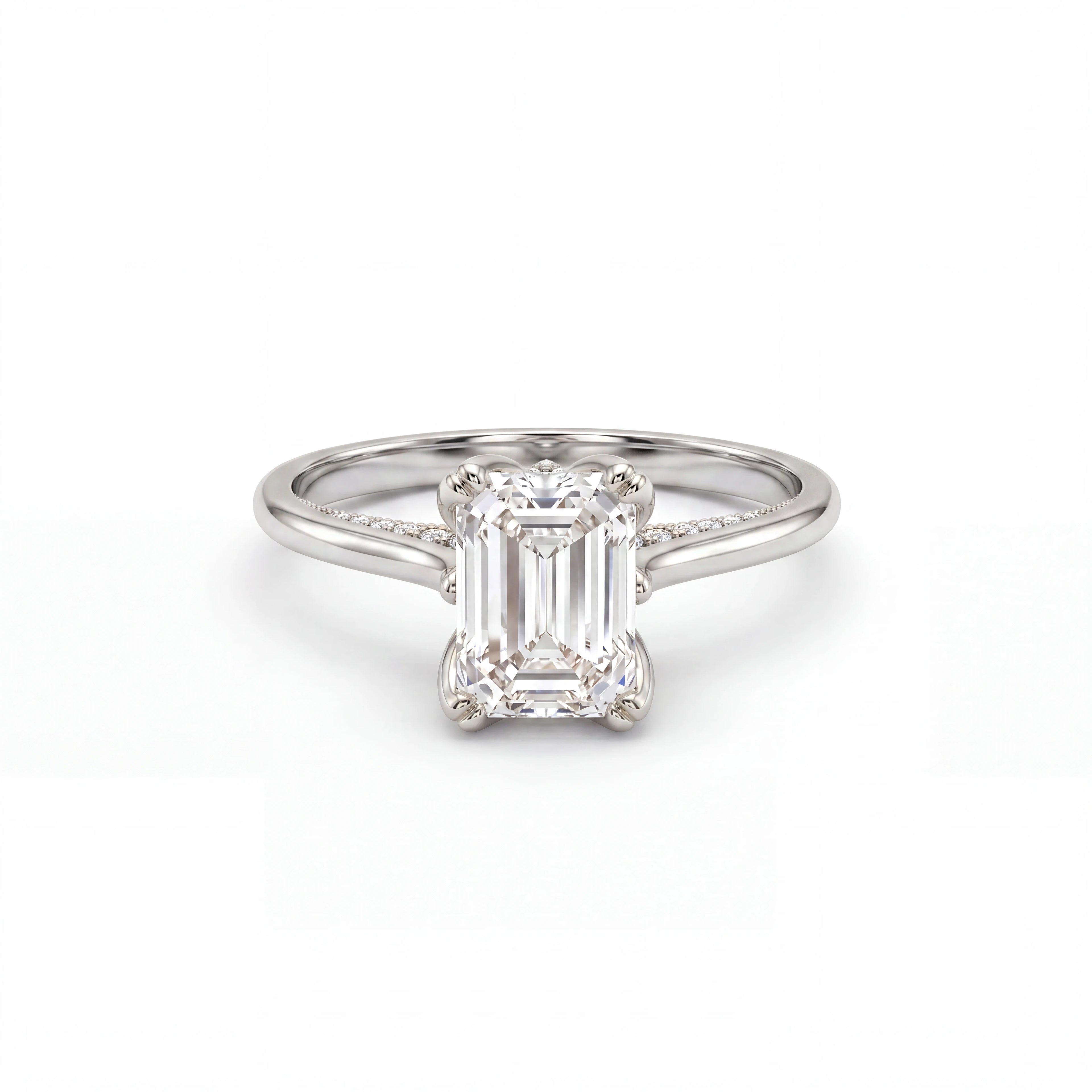 Emerald cut lotus prong milgrain Lab-Grown Diamond engagement ring in 14K white gold, front view — Black Pearl of Queens