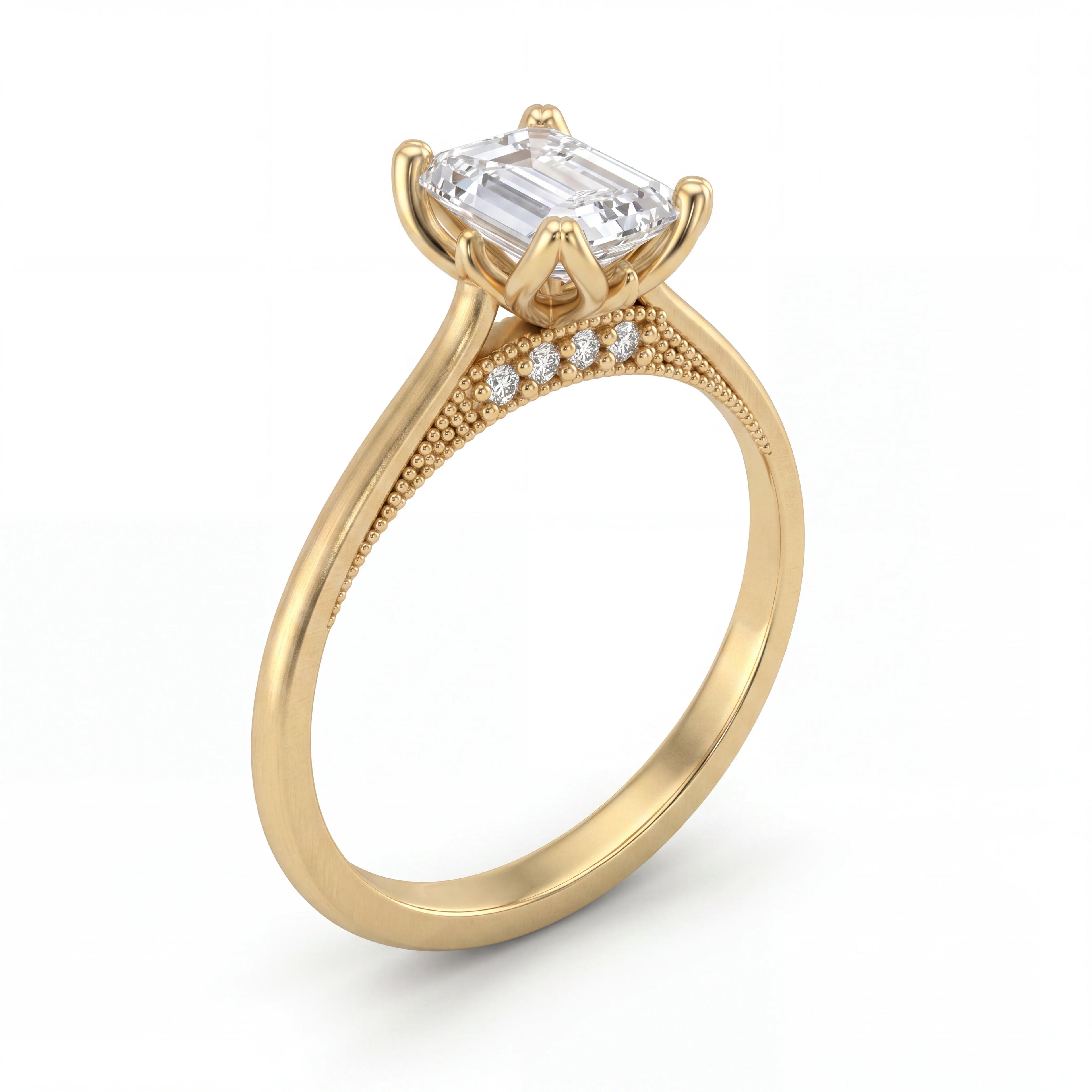 Emerald cut lotus prong milgrain Lab-Grown Diamond engagement ring in 14K yellow gold, angled view showing lotus petal prong basket — Black Pearl of Queens