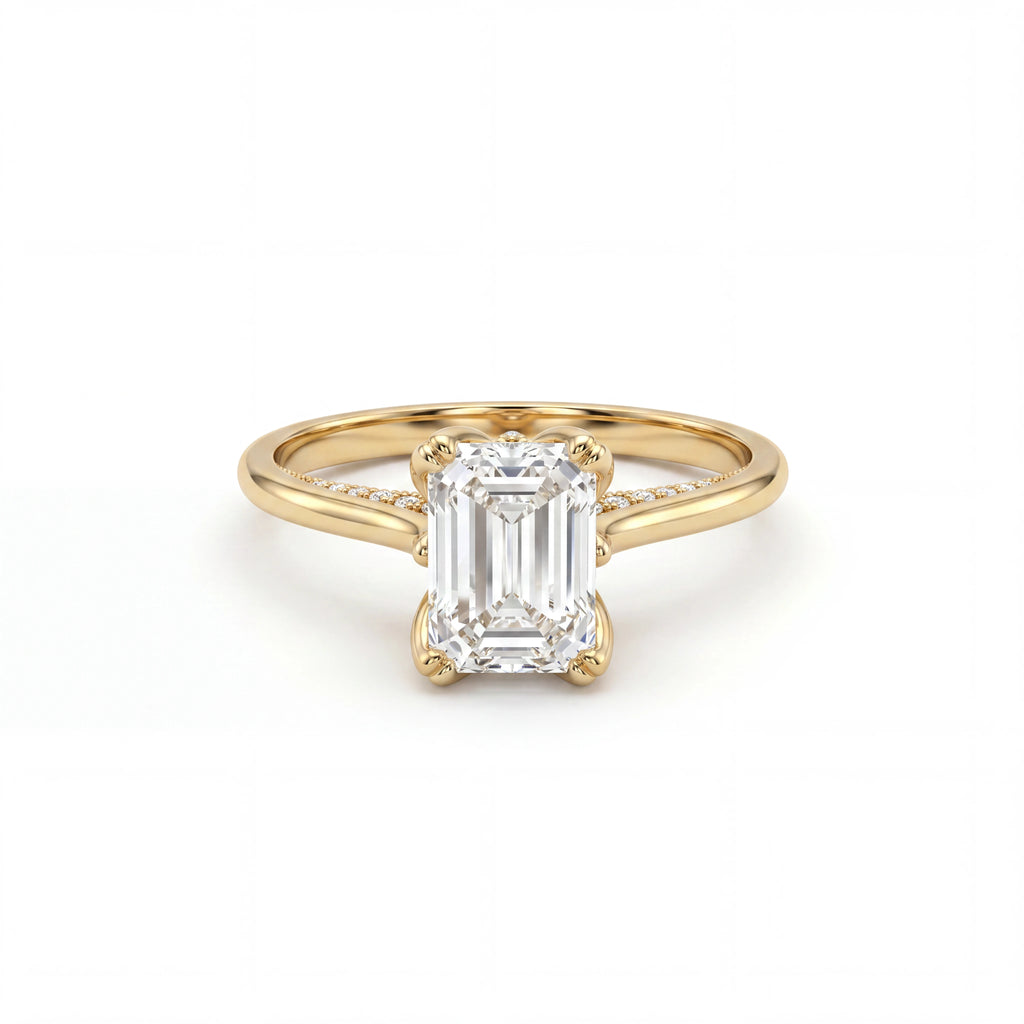 Emerald cut lotus prong milgrain Lab-Grown Diamond engagement ring in 14K yellow gold, front view showing 1ct emerald cut center in petal prong basket — Black Pearl of Queens