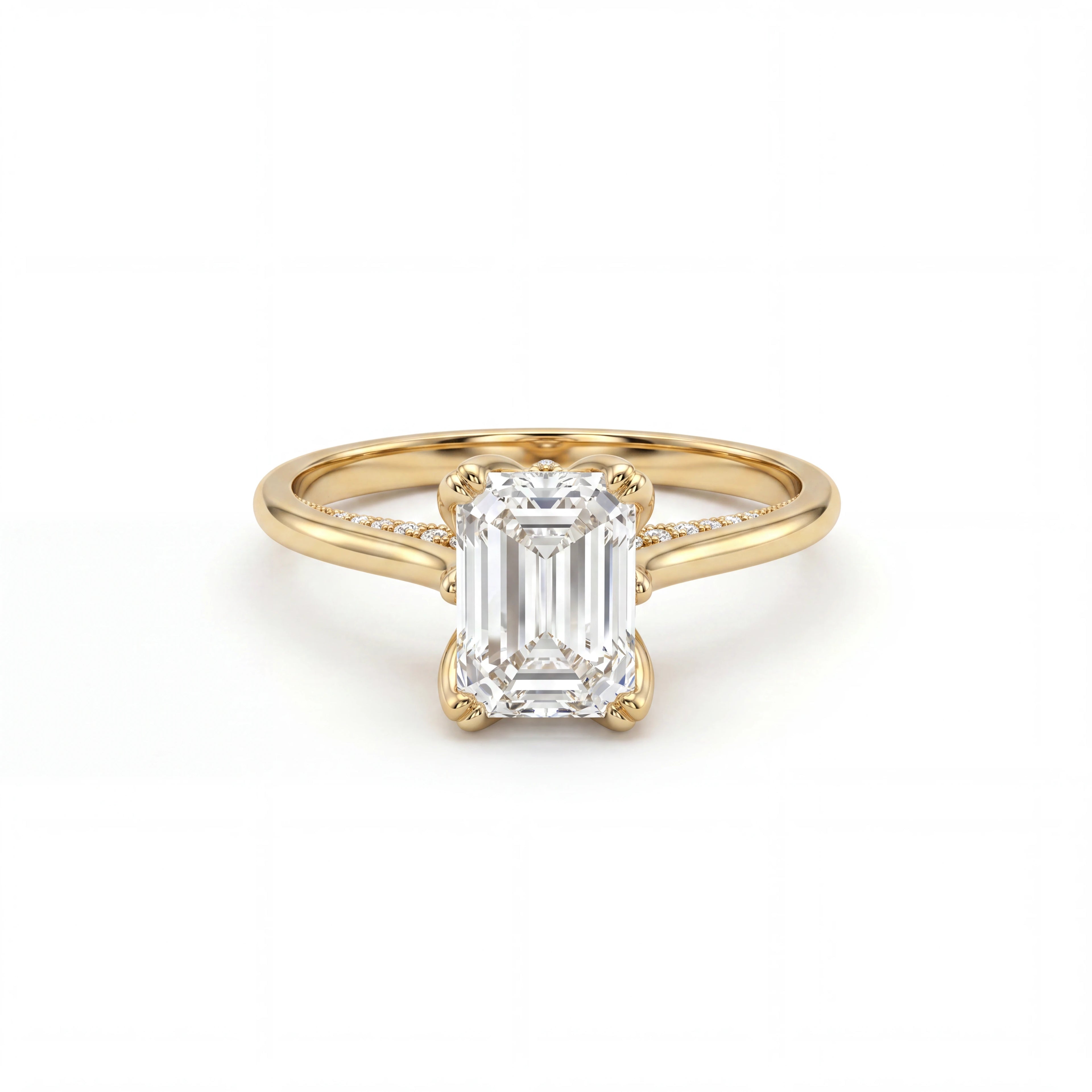 Emerald cut lotus prong milgrain Lab-Grown Diamond engagement ring in 14K yellow gold, front view showing 1ct emerald cut center in petal prong basket — Black Pearl of Queens