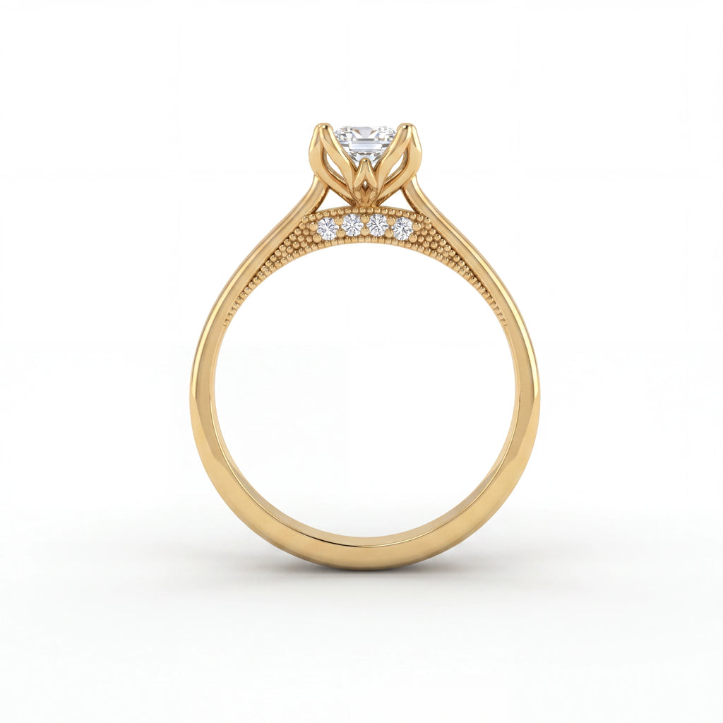 Emerald cut lotus prong milgrain Lab-Grown Diamond engagement ring in 14K yellow gold, side profile showing gallery diamond accents and milgrain detail — Black Pearl of Queens