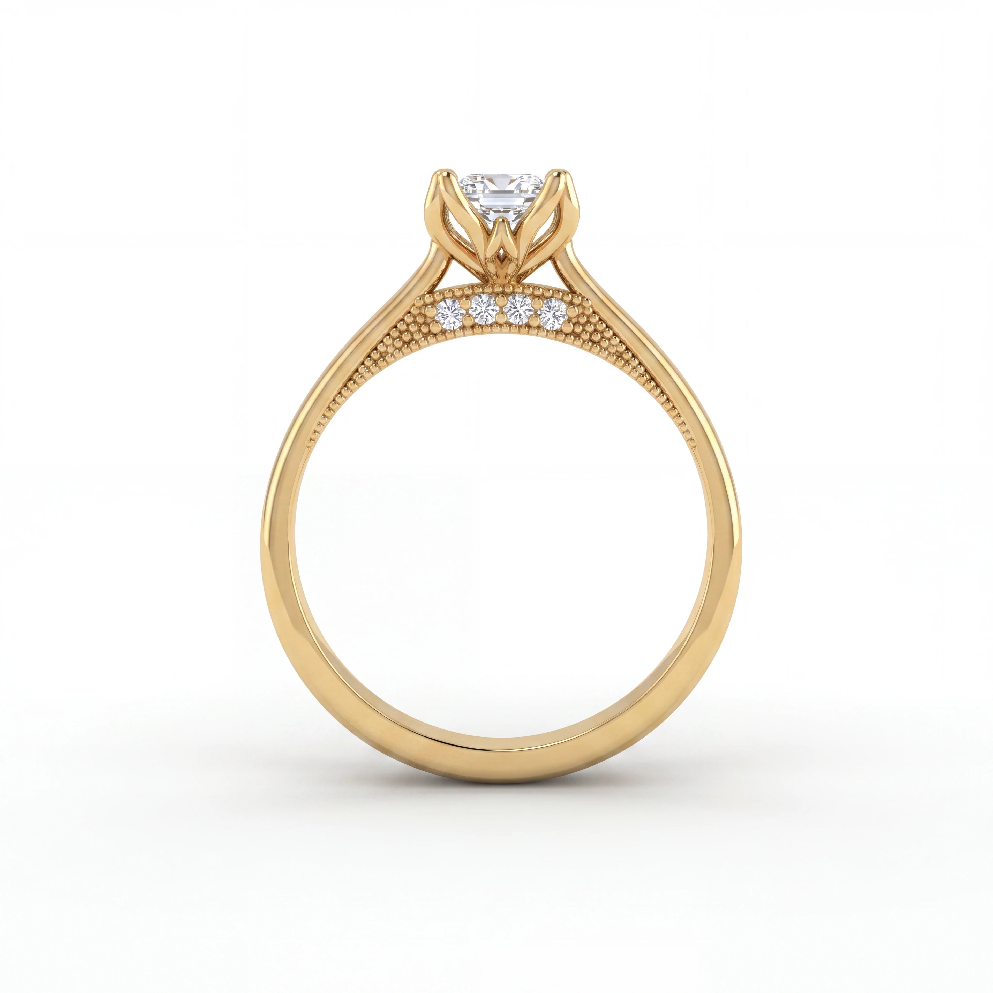 Emerald cut lotus prong milgrain Lab-Grown Diamond engagement ring in 14K yellow gold, side profile showing gallery diamond accents and milgrain detail — Black Pearl of Queens