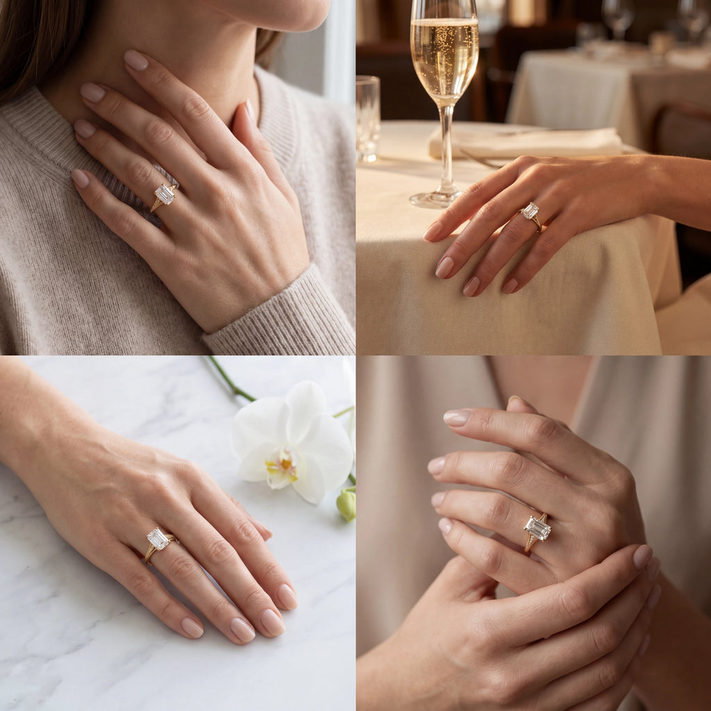 Emerald cut lotus prong milgrain Lab-Grown Diamond engagement ring shown in four lifestyle settings — Black Pearl of Queens