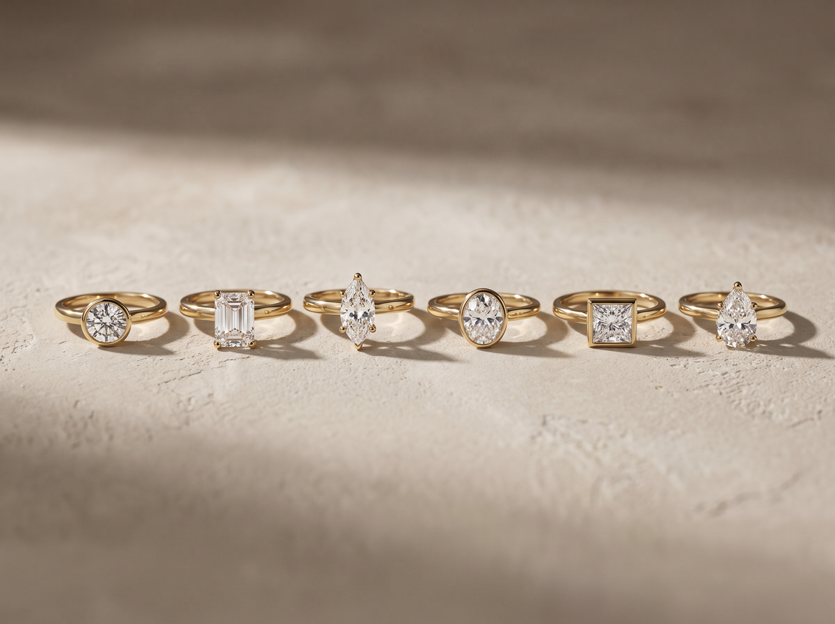 Round, emerald cut, marquise, oval, princess and pear cut 1ct Lab-Grown Diamond engagement rings side by side in 14K gold