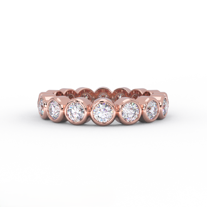 bezel set lab grown diamond eternity ring in solid 14K rose gold – front view