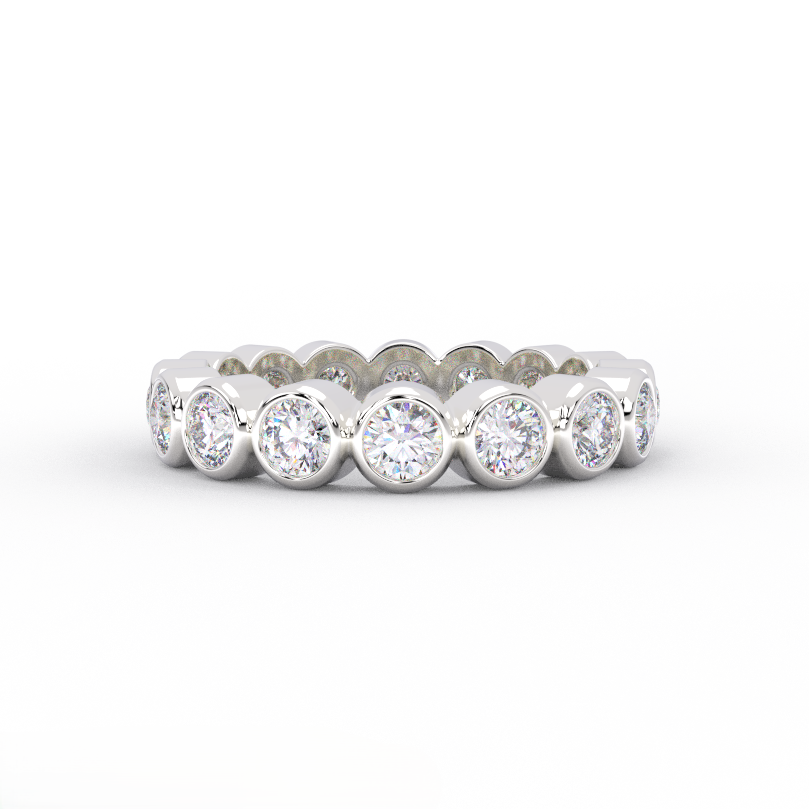 bezel set lab grown diamond eternity ring in solid 14K white gold – front view