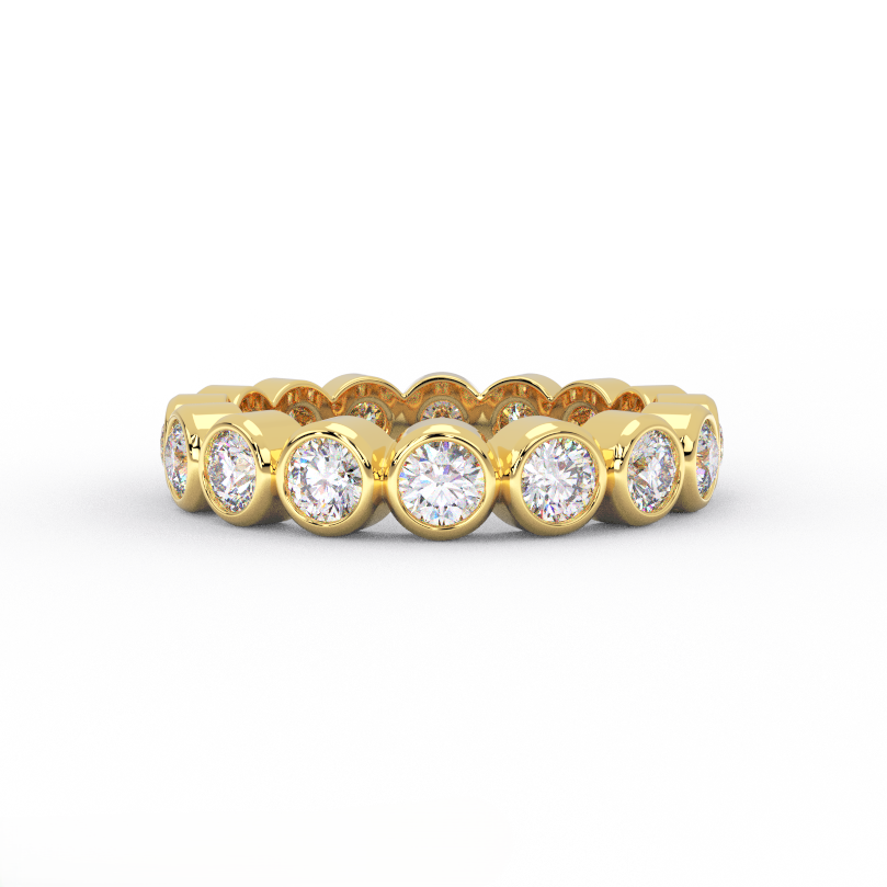 bezel set lab grown diamond eternity ring in solid 14K yellow gold – front view