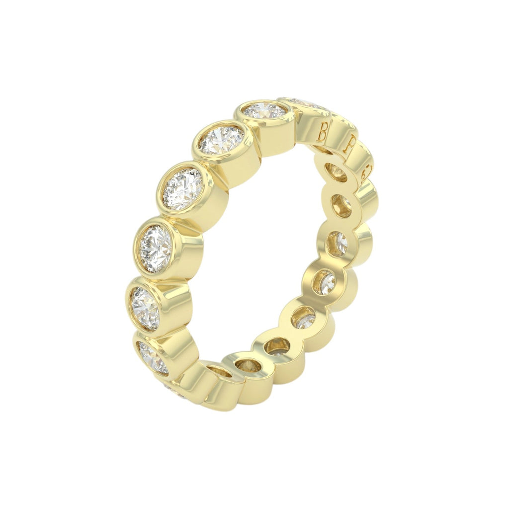 1.75ct yellow gold diamond eternity wedding ring angled view showing details