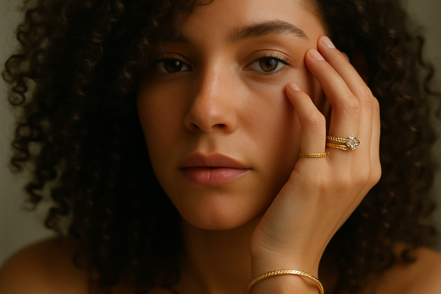 female with jewelry on her hand, very close up photo with half her face in the photo and her hand resting on her face, woman with curly hair