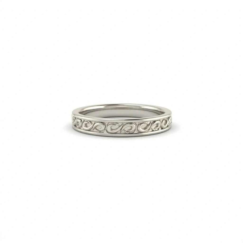 Filigree scroll wedding band in 14K rose gold, 3mm, front view — Black Pearl of Queens