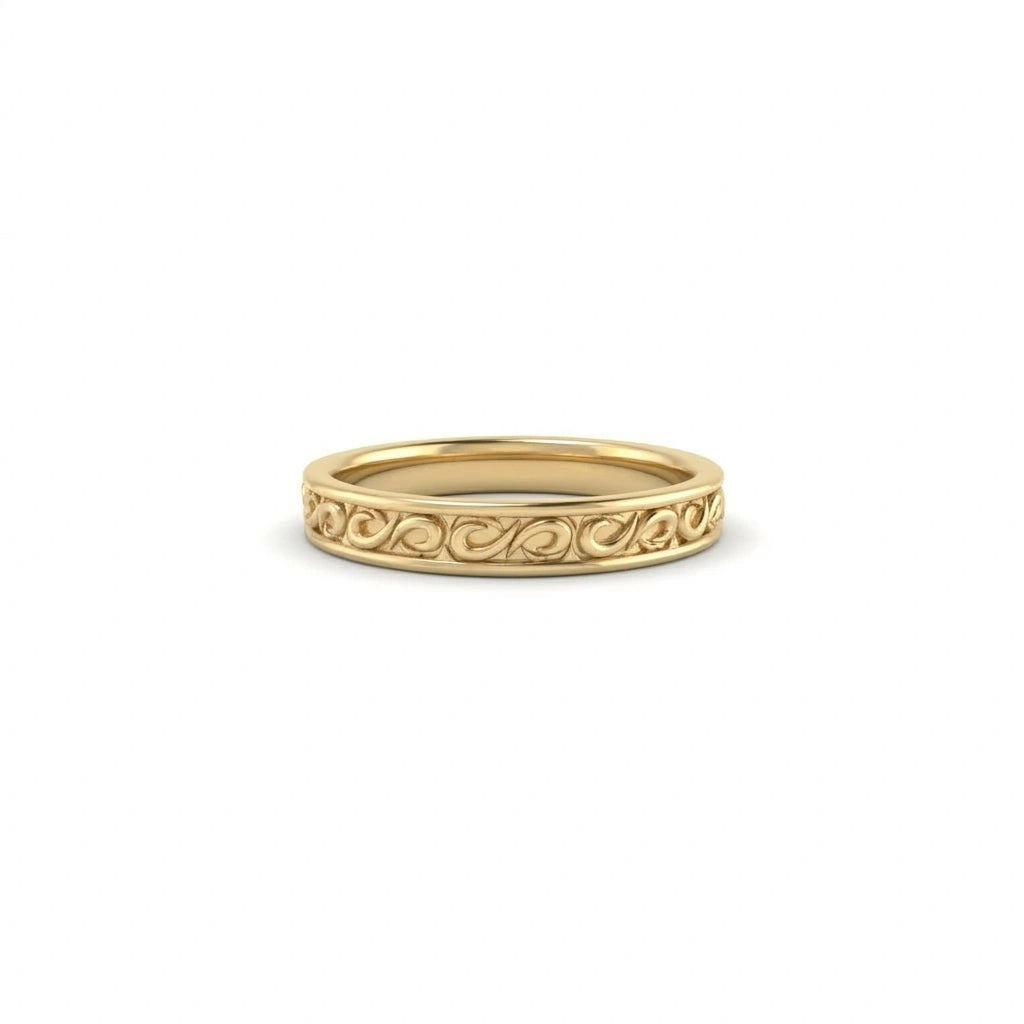 Filigree scroll wedding band in 14K white gold, 3mm, front view — Black Pearl of Queens