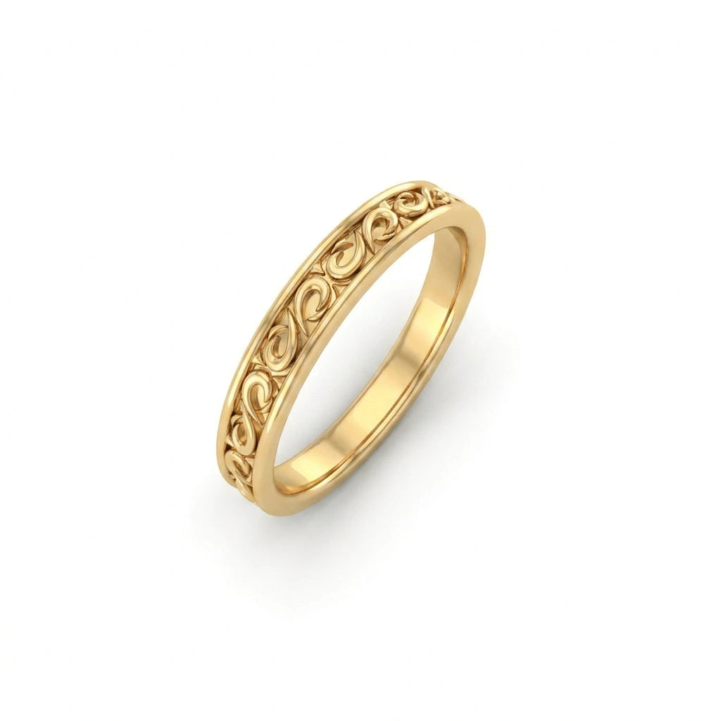 Filigree scroll wedding band in 14K yellow gold, angled view showing continuous scroll pattern — Black Pearl of Queens