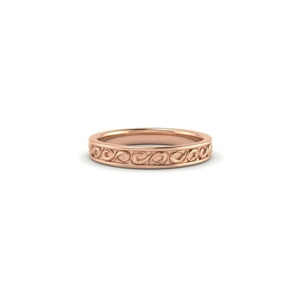 Filigree scroll wedding band in 14K yellow gold, 3mm, front view — Black Pearl of Queens