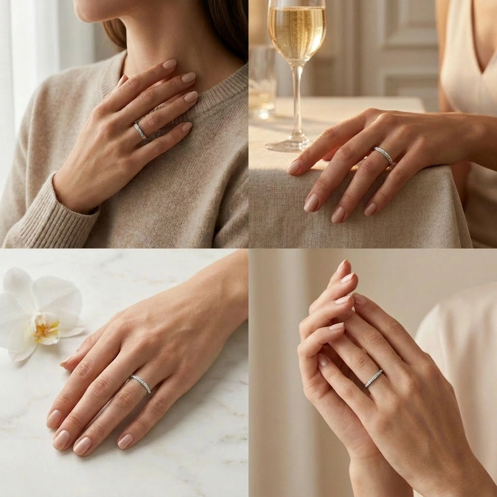 Filigree scroll wedding band in 14K white gold shown on hand in four lifestyle settings — Black Pearl of Queens