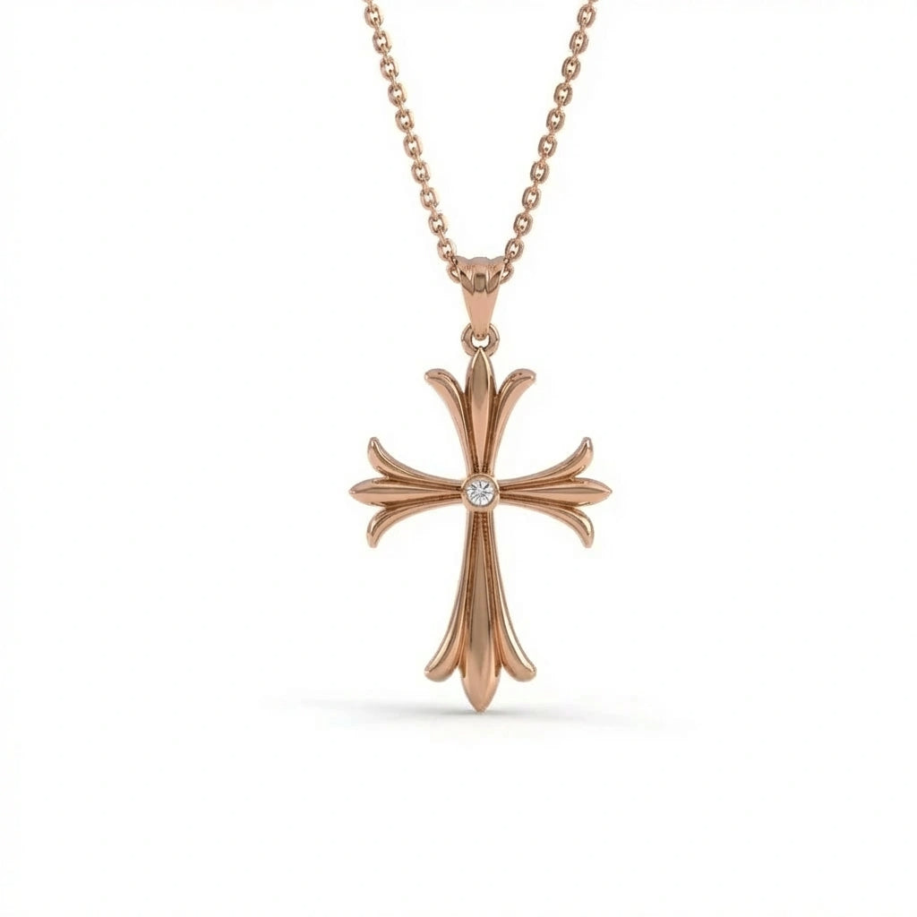 Fleur-de-lis diamond cross pendant in 14K rose gold - French heritage cross necklace with lab-grown diamond