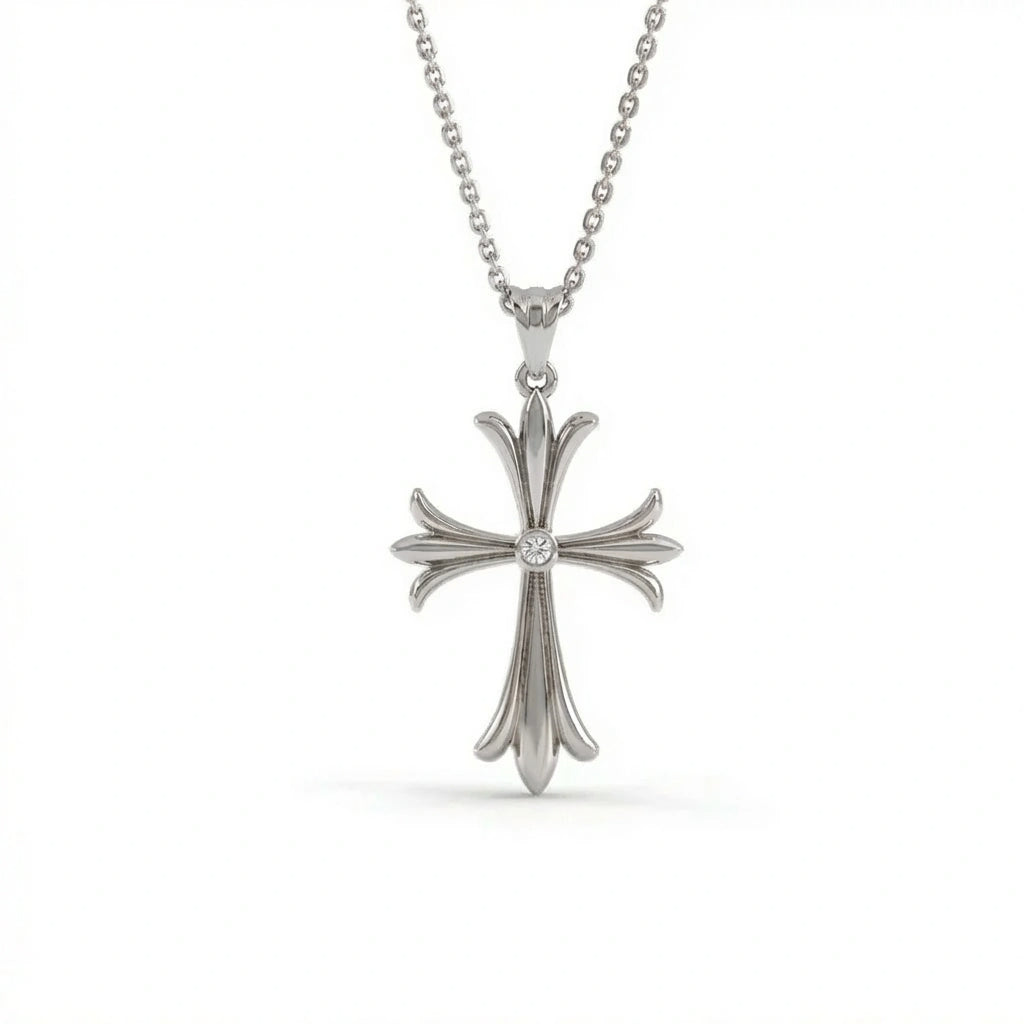 Fleur-de-lis diamond cross pendant in 14K white gold - ornate French-inspired design with center diamond
