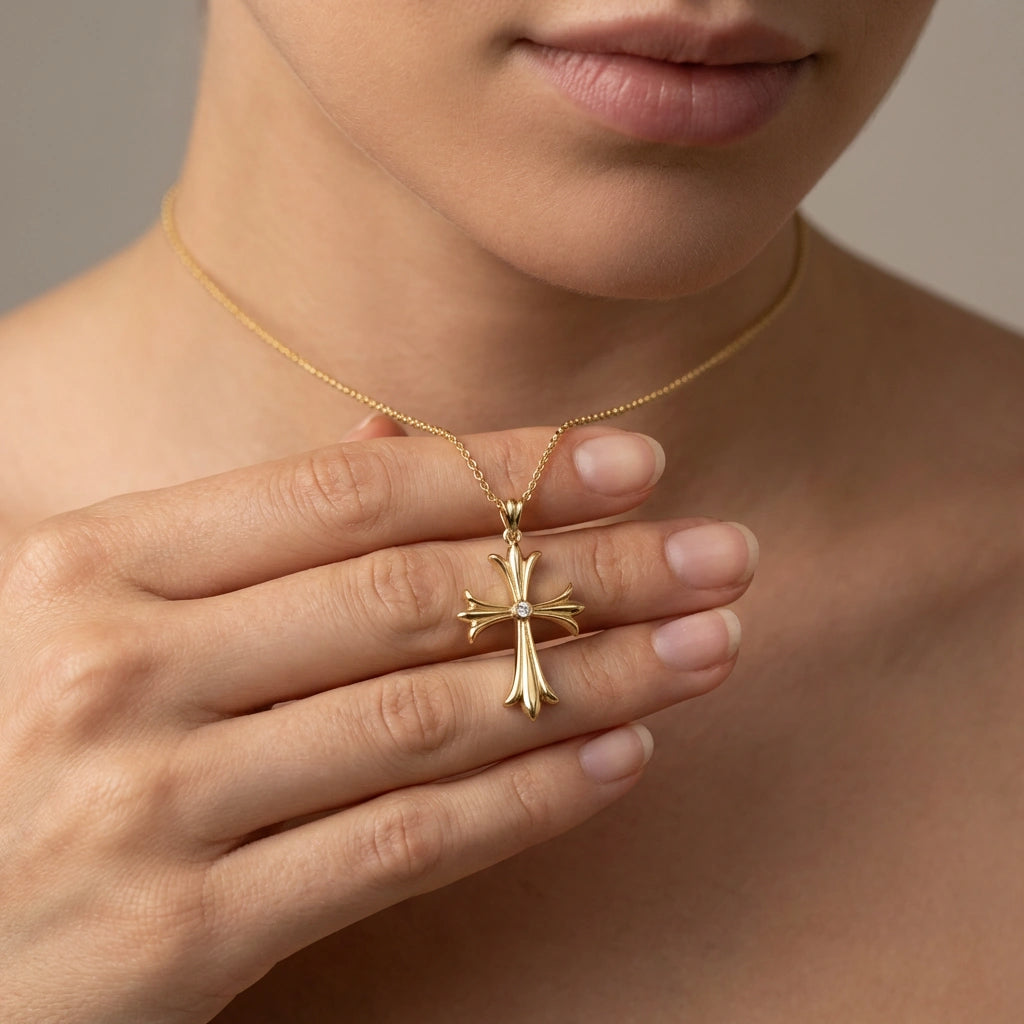 Woman holding fleur-de-lis cross pendant in 14K yellow gold - regal elegant necklace with diamond