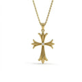 Fleur-de-lis diamond cross pendant in 14K yellow gold - handcrafted NYC jewelry with ornate details