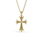 Fleur-de-lis diamond cross pendant in 14K yellow gold - handcrafted NYC jewelry with ornate details