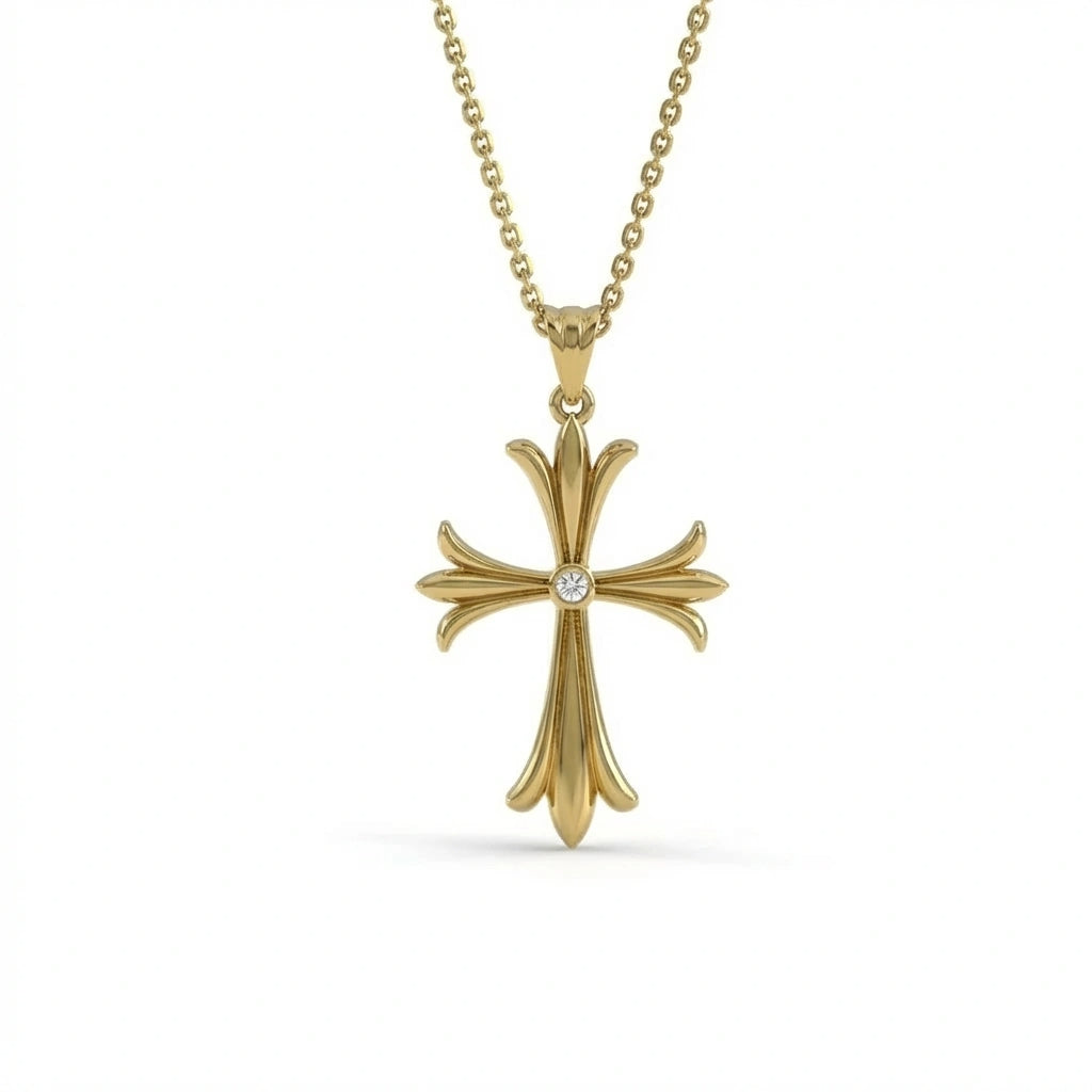 Fleur-de-lis diamond cross pendant in 14K yellow gold - handcrafted NYC jewelry with ornate details