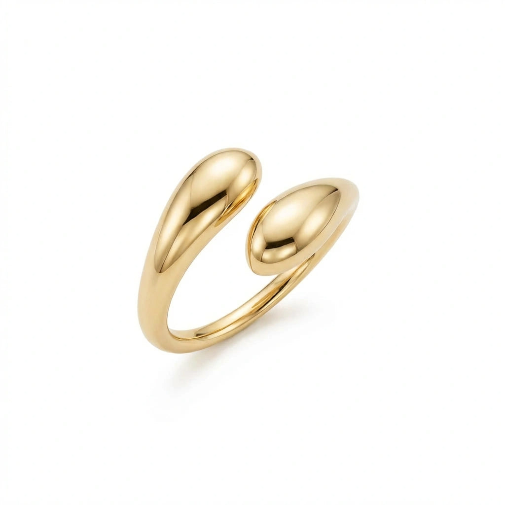 Flow Gold Open Ring in solid 14K yellow gold, sculptural fluid open ring design angled view