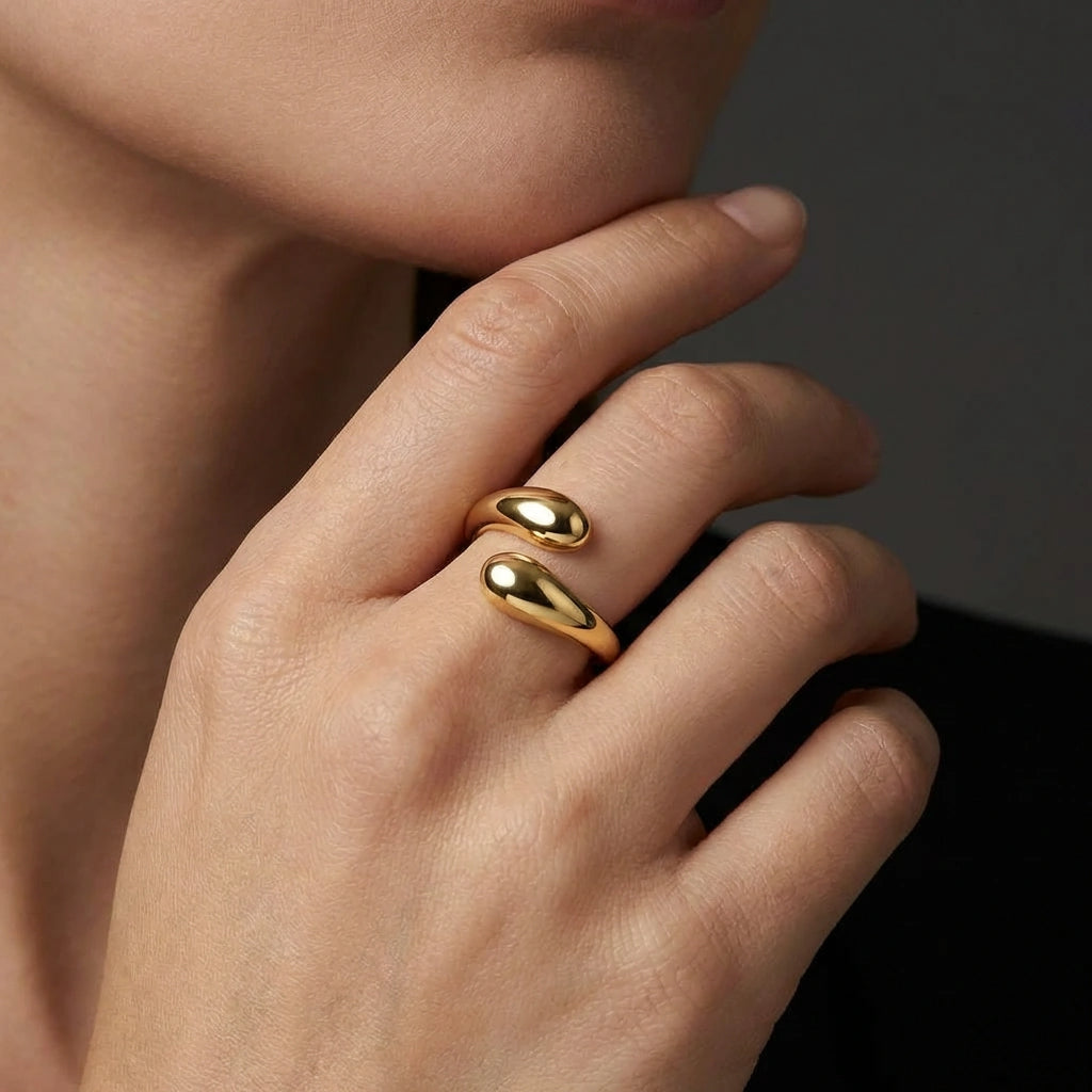 Flow Gold Open Ring in solid 14K yellow gold, modern open ring worn on hand with fluid design
