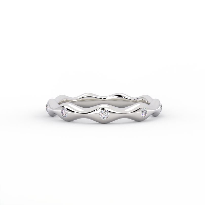 fluid wave diamond band ring solid 14k white gold bezel set diamonds front view